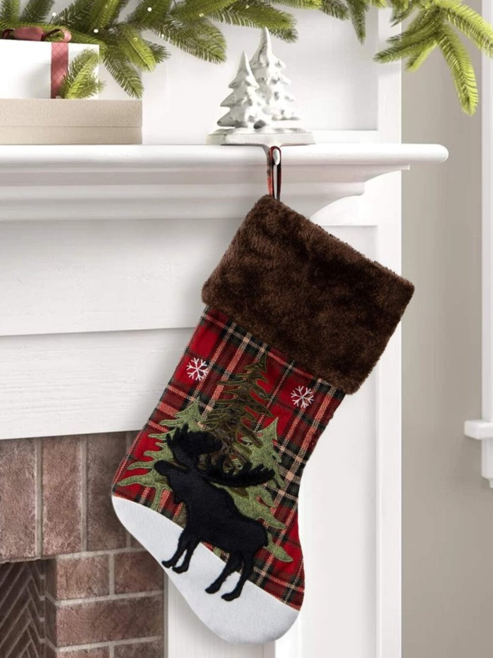 Christmas Stocking, Farmhouse Red and Black Buffalo Plaid Black Moose Embroidere